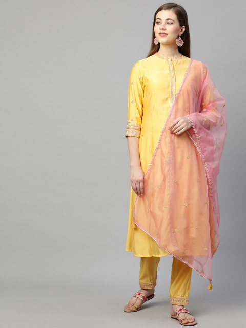 

FASHOR Women Yellow Striped Chanderi Silk Kurta with Trousers & With Dupatta