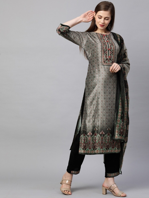 

FASHOR Women Green Printed Velvet Kurta with Trousers & With Dupatta