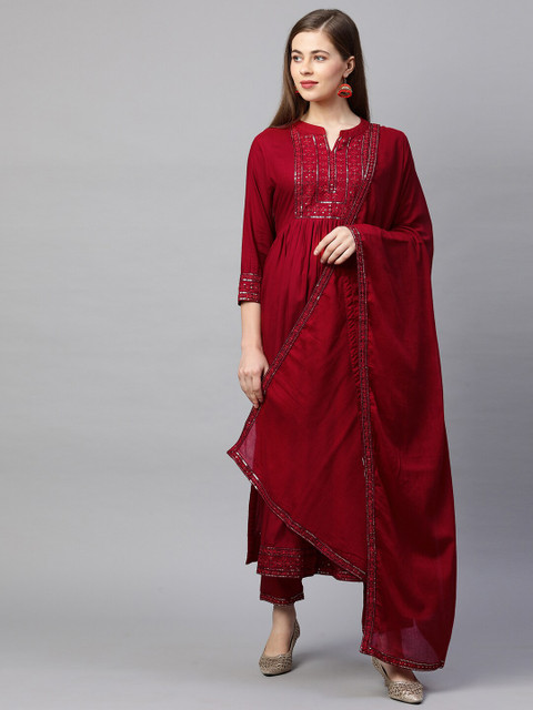 

FASHOR Women Maroon Floral Embroidered Sequinned Kurta with Trousers