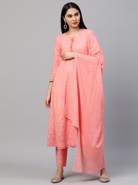 

FASHOR Women Peach Ethnic Motifs Mirror Work Pure Cotton Kurta with Trousers & Dupatta