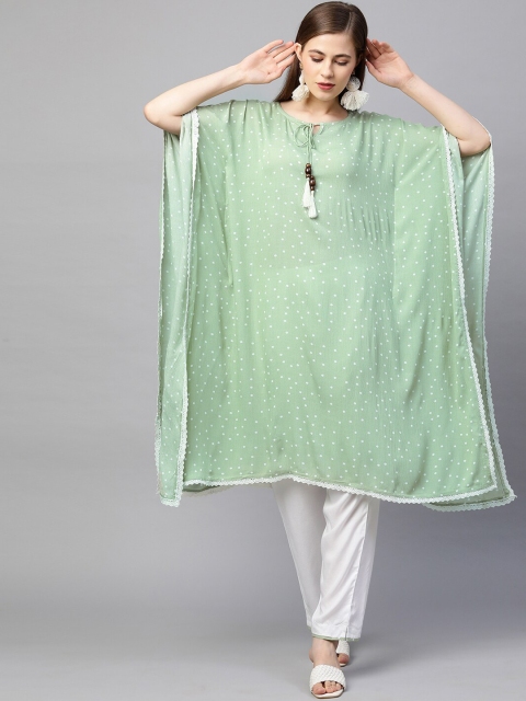 

FASHOR Women Green Beads and Stones Kaftan Kurta with Trousers