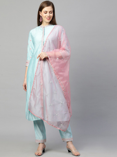 

FASHOR Women Turquoise Blue Floral Embroidered Chanderi Silk Kurta with Trousers & Dupatta