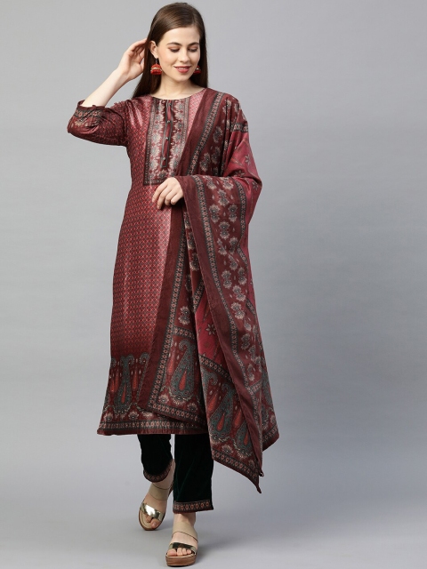 

FASHOR Women Rust Ethnic Motifs Printed Velvet Kurta with Salwar & With Dupatta