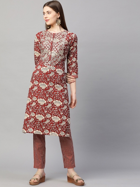 

FASHOR Women Rust Floral Printed Mirror Work Pure Cotton Kurta with Trousers