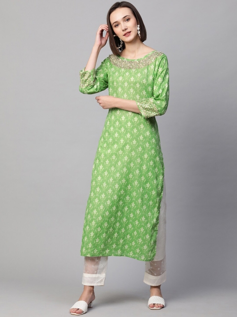 

FASHOR Women Green Ethnic Motifs Printed Sequinned Embellished Kurta
