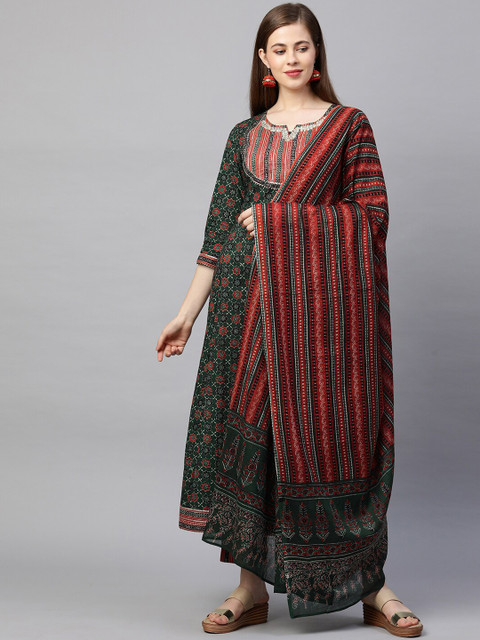 

FASHOR Women Green Printed Gotta Patti Pure Cotton Kurta with Churidar & Dupatta