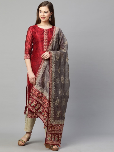 

FASHOR Women Red & Grey Ethnic Motifs Kantha Work Chanderi Silk Chanderi Silk Kurta