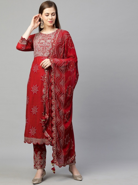 

FASHOR Women Red Floral Embroidered Sequinned Kurta with Trousers & With Dupatta