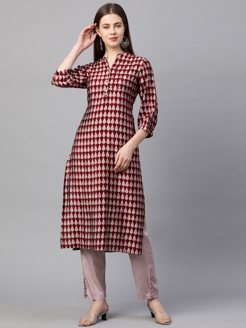 

FASHOR Women Maroon Printed Kantha Work Kurti with Pyjamas