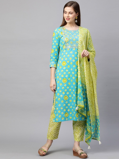 

FASHOR Women Turquoise Blue Printed Sequinned Kurta with Salwar