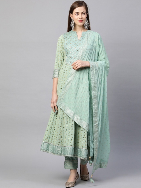 

FASHOR Women Green Floral Embroidered Mirror Work Kurta with Trousers & With Dupatta
