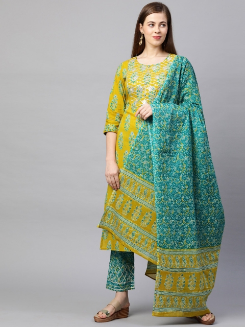 

FASHOR Women Mustard Yellow Floral Printed Pure Cotton Kurta with Trousers & With Dupatta