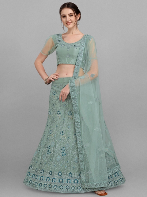 

V SALES Sea Green & Teal Embroidered Semi-Stitched Lehenga & Unstitched Blouse With Dupatta