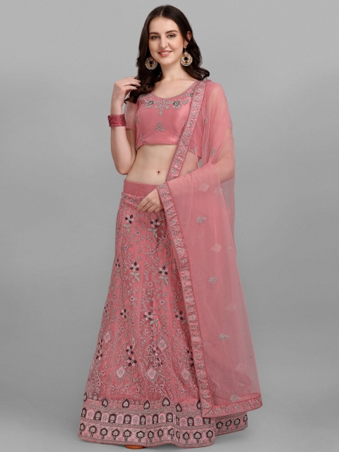 

V SALES Pink & Brown Embroidered Semi-Stitched Lehenga & Unstitched Blouse With Dupatta