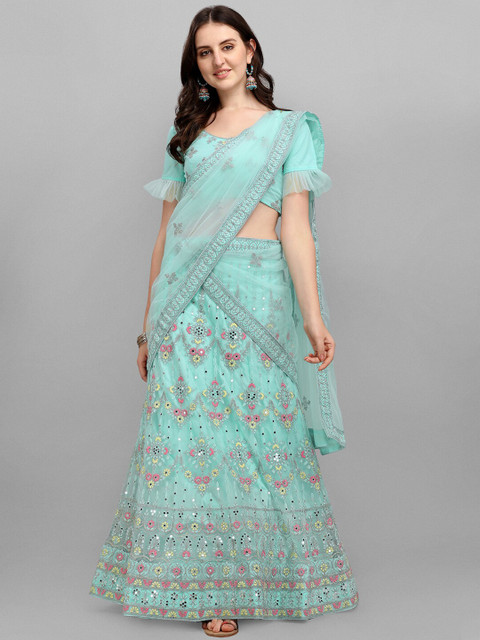 

V SALES Blue & Pink Embroidered Semi-Stitched Lehenga & Unstitched Blouse With Dupatta