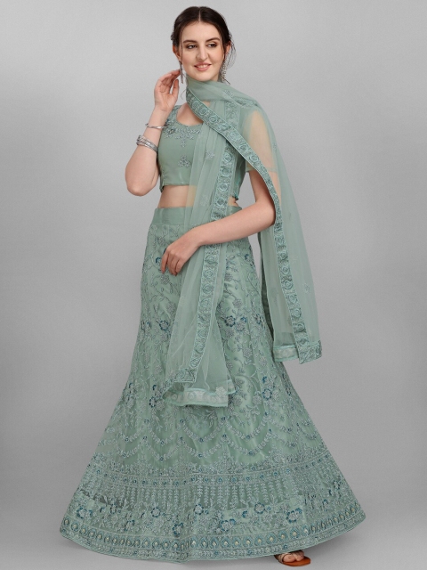 

V SALES Sea Green & Silver Semi-Stitched Lehenga & Unstitched Blouse With Dupatta