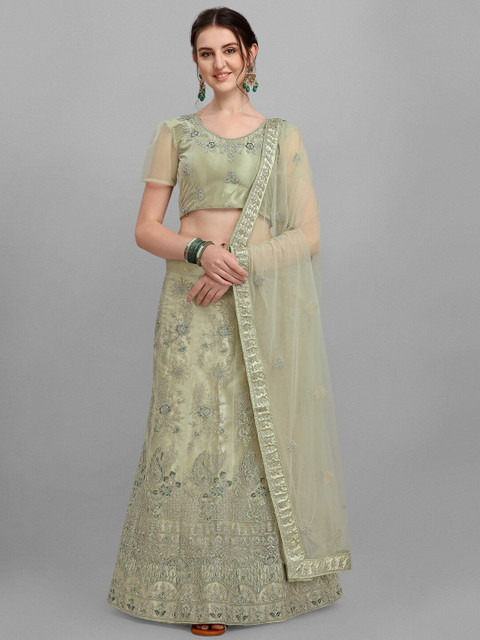 

V SALES Olive Green Embroidered Zari Work Semi-Stitched Lehenga & Unstitched Blouse With Dupatta
