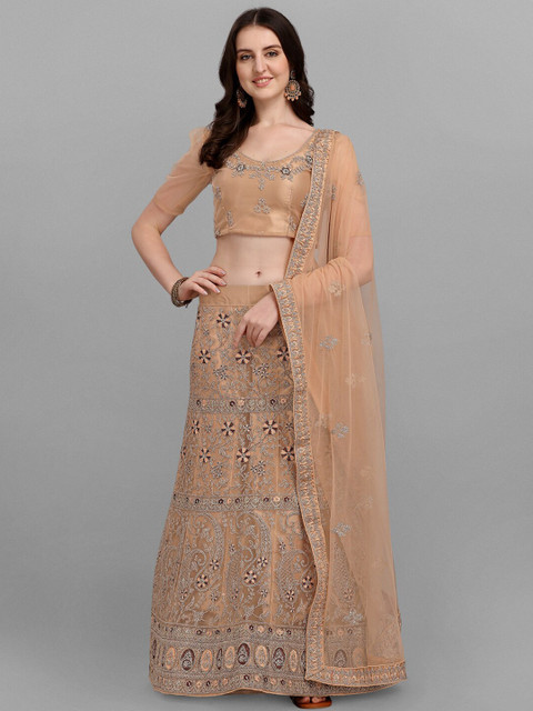 

V SALES Beige Embroidered Zari Work Semi-Stitched Lehenga & Unstitched Blouse With Dupatta