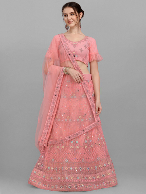 

V SALES Pink & Cream-Coloured Embroidered Mirror Work Semi-Stitched Lehenga & Unstitched Blouse With Dupatta