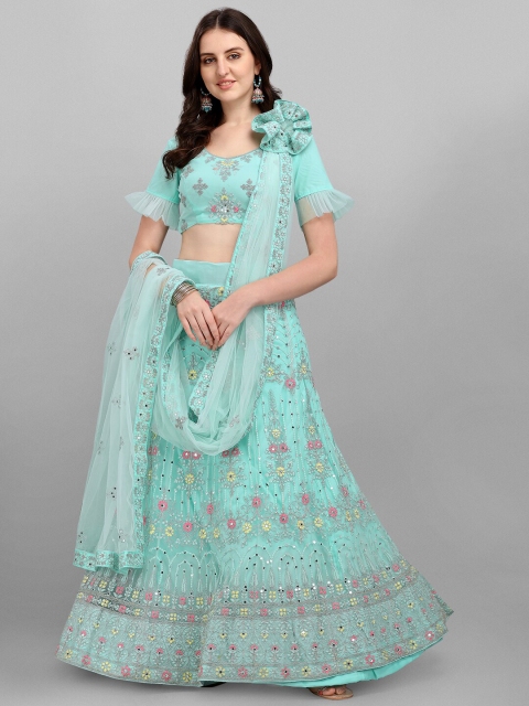

V SALES Blue & Pink Embroidered Mirror Work Semi-Stitched Lehenga & Unstitched Blouse With Dupatta