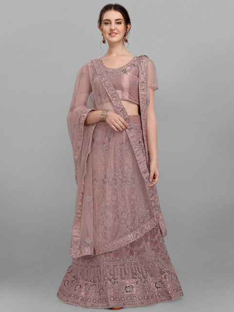 

V SALES Lavender & Brown Embroidered Zari Work Semi-Stitched Lehenga & Unstitched Blouse With Dupatta