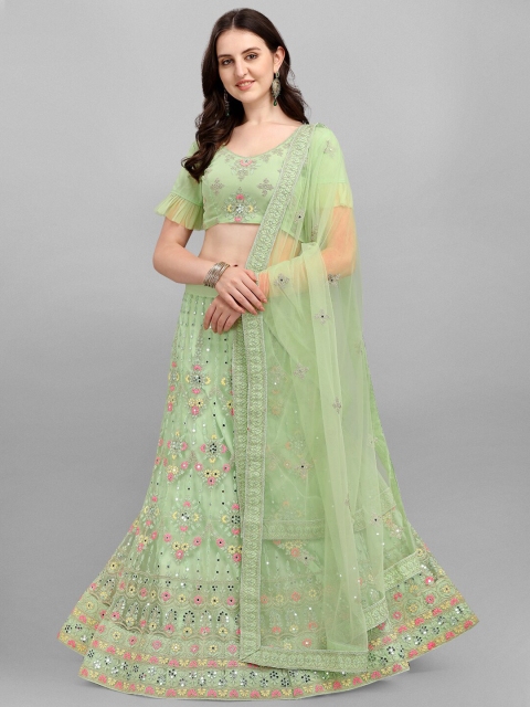 

V SALES Green & Pink Embroidered Mirror Work Semi-Stitched Lehenga Set