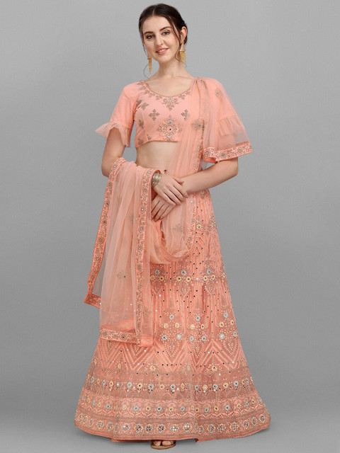 

V SALES Peach-Coloured & Blue Embroidered Mirror Work Semi-Stitched Lehenga & Unstitched Blouse With Dupatta
