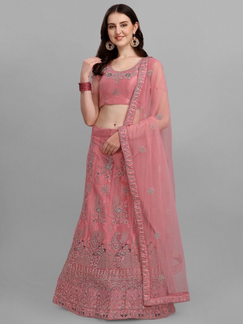 

V SALES Pink Embroidered Zari Work Semi-Stitched Lehenga & Unstitched Blouse With Dupatta