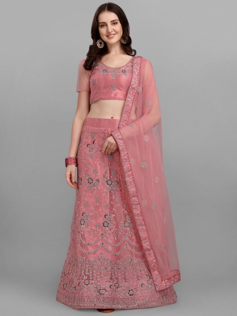 

V SALES Pink Embroidered Zari Work Semi-Stitched Lehenga & Unstitched Blouse With Dupatta