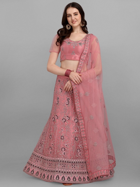 

V SALES Pink & Silver-Toned Embroidered Zari Work Semi-Stitched Lehenga Set