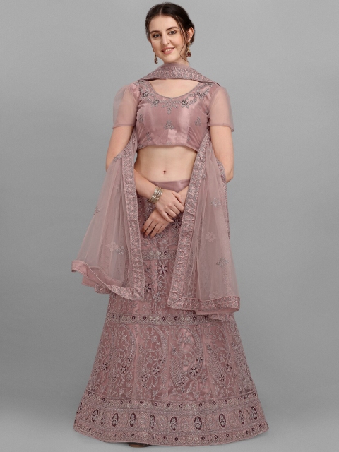 

V SALES Lavender Embroidered Semi-Stitched Lehenga & Unstitched Blouse With Dupatta
