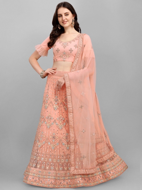 

V SALES Peach-Coloured Embroidered Semi-Stitched Lehenga & Unstitched Blouse With Dupatta