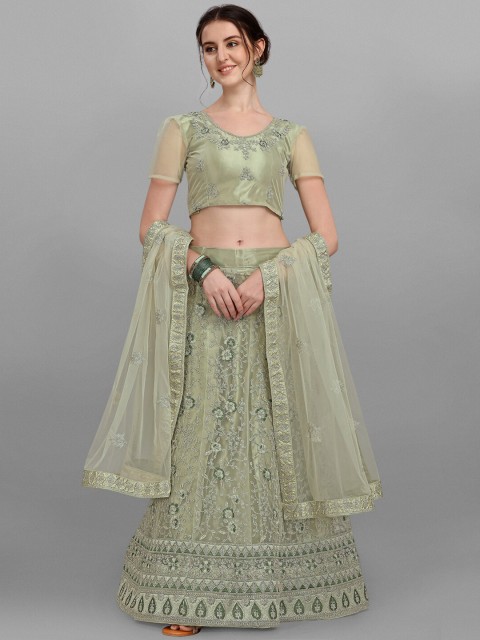 

V SALES Olive Green Embroidered Semi-Stitched Lehenga & Unstitched Blouse With Dupatta