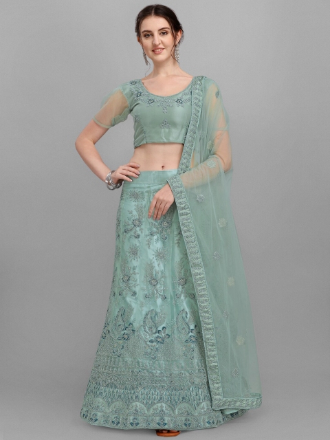 

V SALES Sea Green Embroidered Semi-Stitched Lehenga & Unstitched Blouse With Dupatta