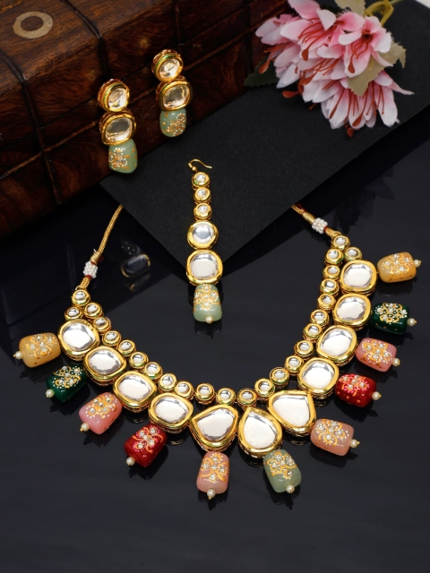 

Yellow Chimes Gold-Plated White Kundan-Studded Jewellery Set