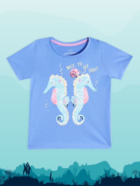 

Marks & Spencer Girls Blue & Sea Green Printed Pure Cotton T-shirt
