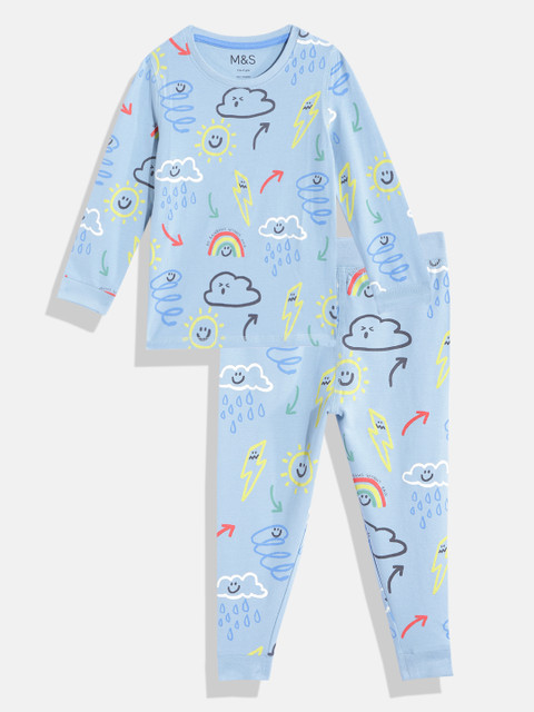 

Marks & Spencer Boys Blue & Yellow Conversational Printed Skinny Fit Pyjama Set