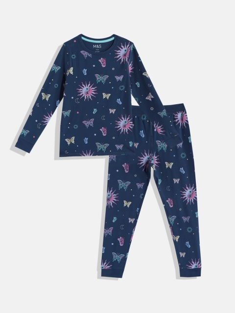 

Marks & Spencer Girls Navy Blue & Green Conversational Print Pyjama Set