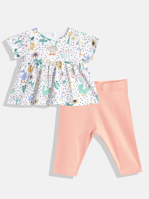 

Marks & Spencer Kids White & Peach-Coloured Printed Pure Cotton Top with Trousers