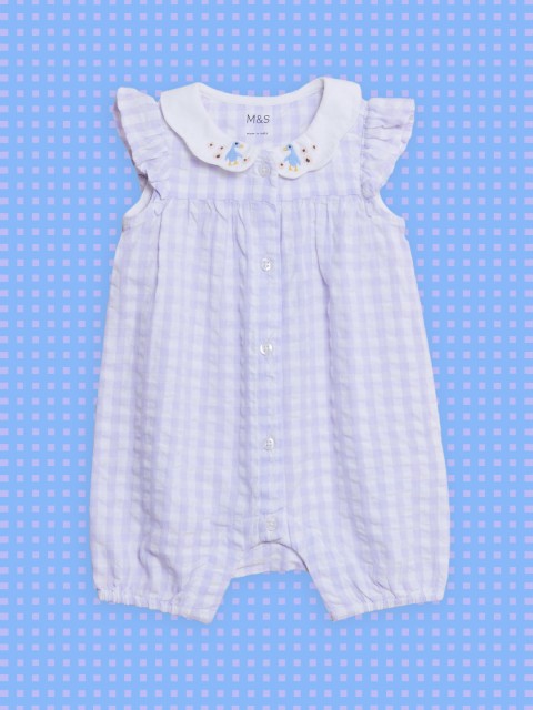 

Marks & Spencer Kids Purple & White Checked Cotton Rompers