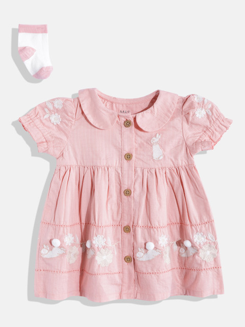 

Marks & Spencer Girls Pink & Off White Peter Pan Collar Pure Cotton Fit & Flare Dress