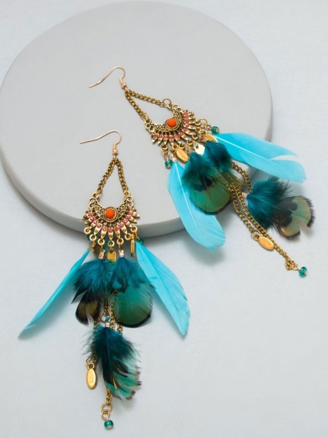 

Pipa Bella Gold-Toned & Blue Feather Shaped Drop Earrings