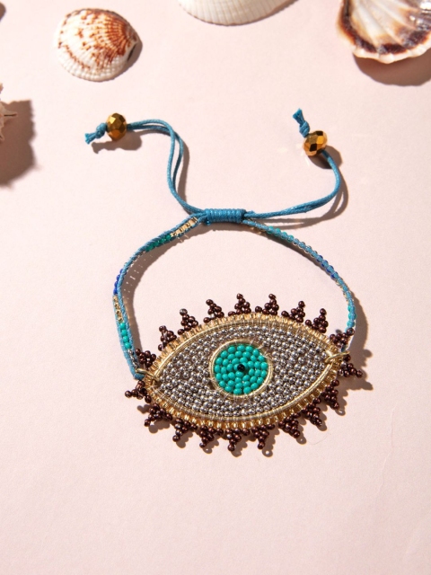 

Pipa Bella Women Grey & Blue Evil Eye Beaded Wraparound Bracelet