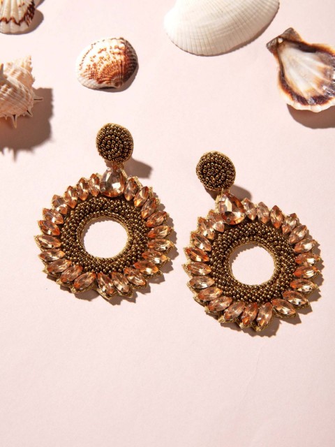 

Pipa Bella Gold-Toned & Peach-Coloured Stone Studded Circular Drop Earrings
