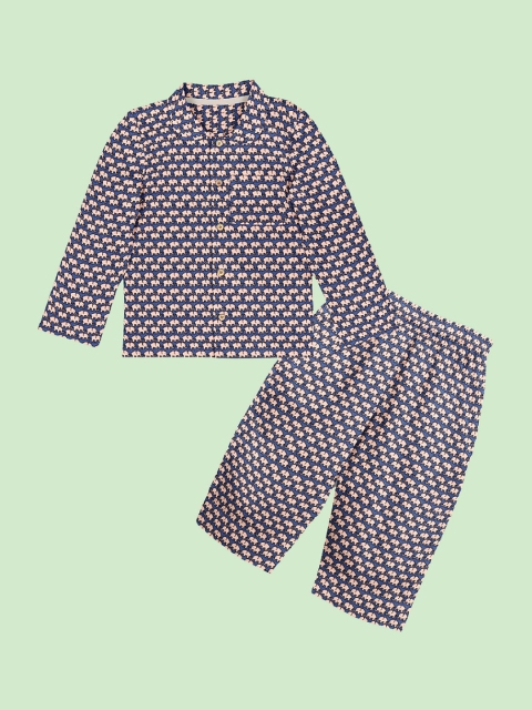 

THE BABY ATELIER Unisex Kids Blue & Beige Organic Cotton Printed Night suit