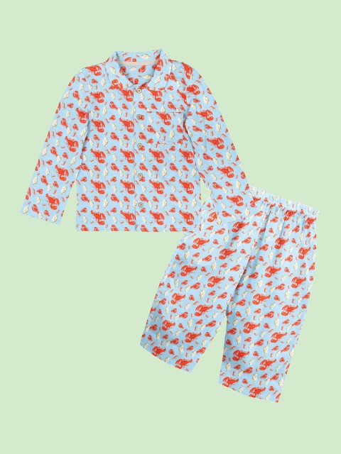 

THE BABY ATELIER Unisex Kids Turquoise Blue & Red Printed Pure Organic Cotton Night suit