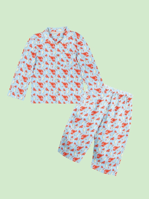 

THE BABY ATELIER Unisex Kids Blue & Red Organic Cotton Printed Night suit