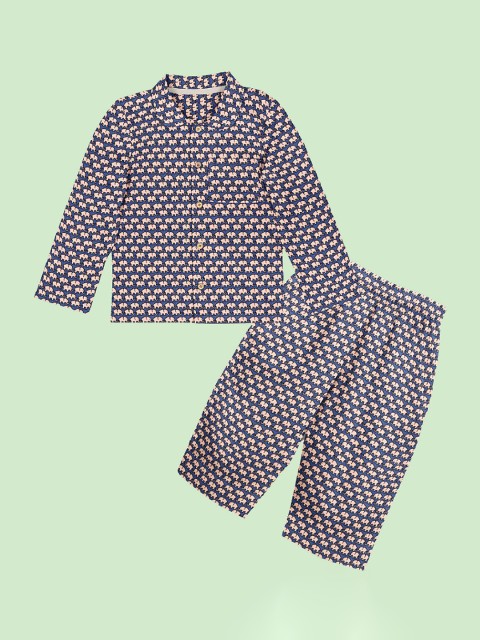 

THE BABY ATELIER Kids Blue & Pink Organic Cotton Printed Night suit