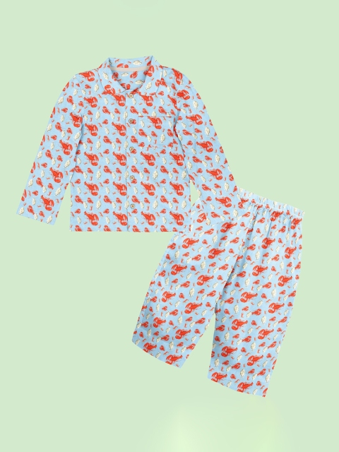 

THE BABY ATELIER Unisex Kids Blue & Orange Printed Organic Cotton Night suit