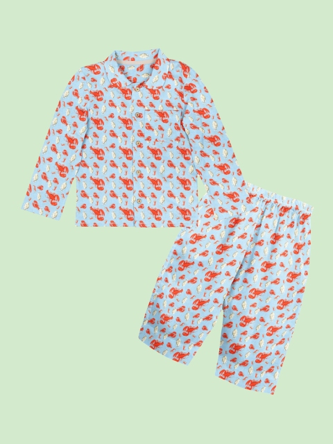 

THE BABY ATELIER Unisex Kids Blue & Orange Organic Cotton Printed Night suit